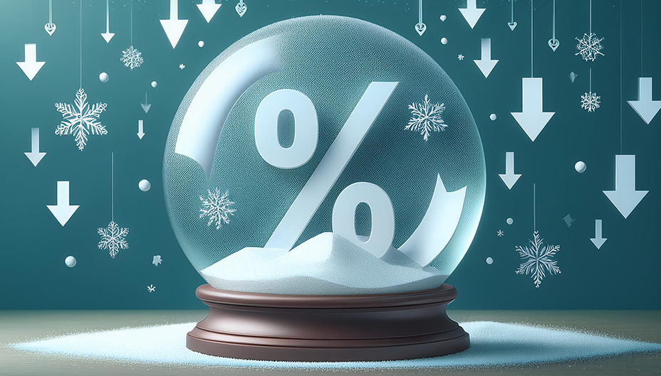 Snowglobe with a percentage sign inside, surrounded by snow and downward pointing arrows